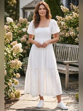 Kings Road Classic White Puff Sleeve Smocked Tiered Maxi Dress